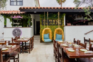 El Sueño Mexican restaurant patio with gold accent seating
