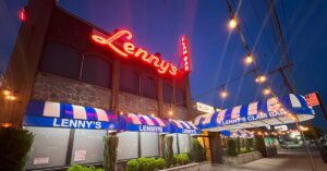 Lenny's Clam Bar neon sign lit at night